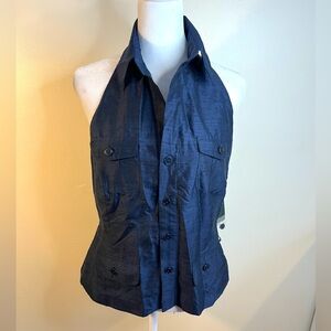 Lauren Ralph Lauren 100% Silk Navy Halter Blouse Button Up NWT